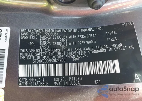 2015 Toyota Sienna Xle 8 Passenger z USA, uszkodzony, nr VIN 5TDYK3DC6FS674906